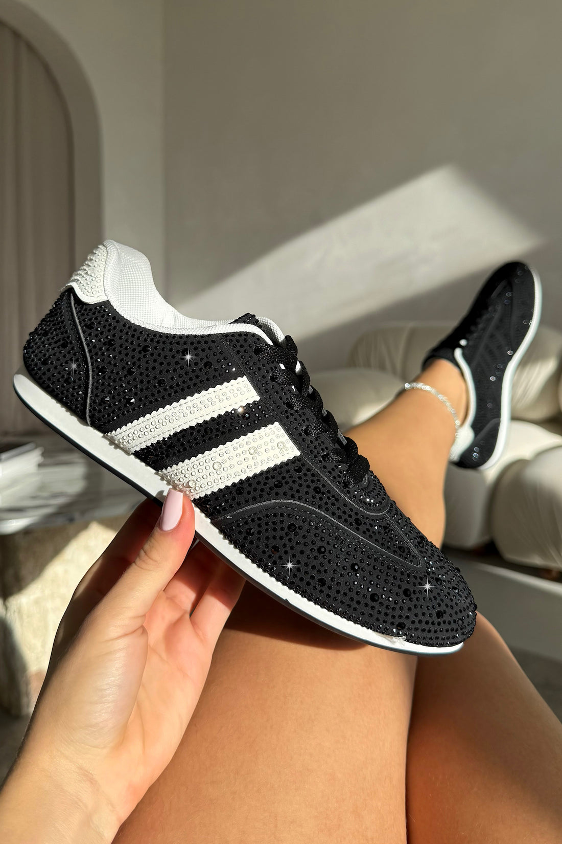 Crystal Dewdrop Lace-Up Trainers Black designed with classic lace-up fastening