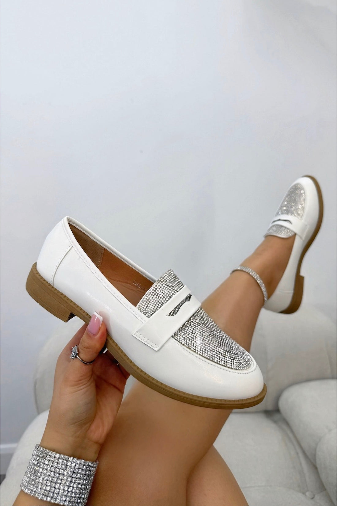 Crystal Shimmer Dream Panel Loafers White, with emphasis on easy slip-on design for everyday wear