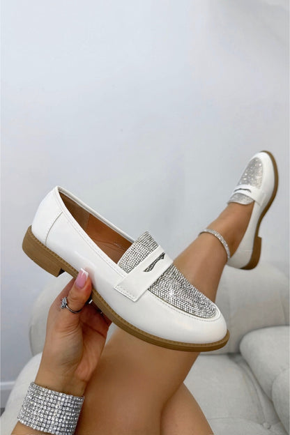 Crystal Shimmer Dream Panel Loafers White, with emphasis on easy slip-on design for everyday wear