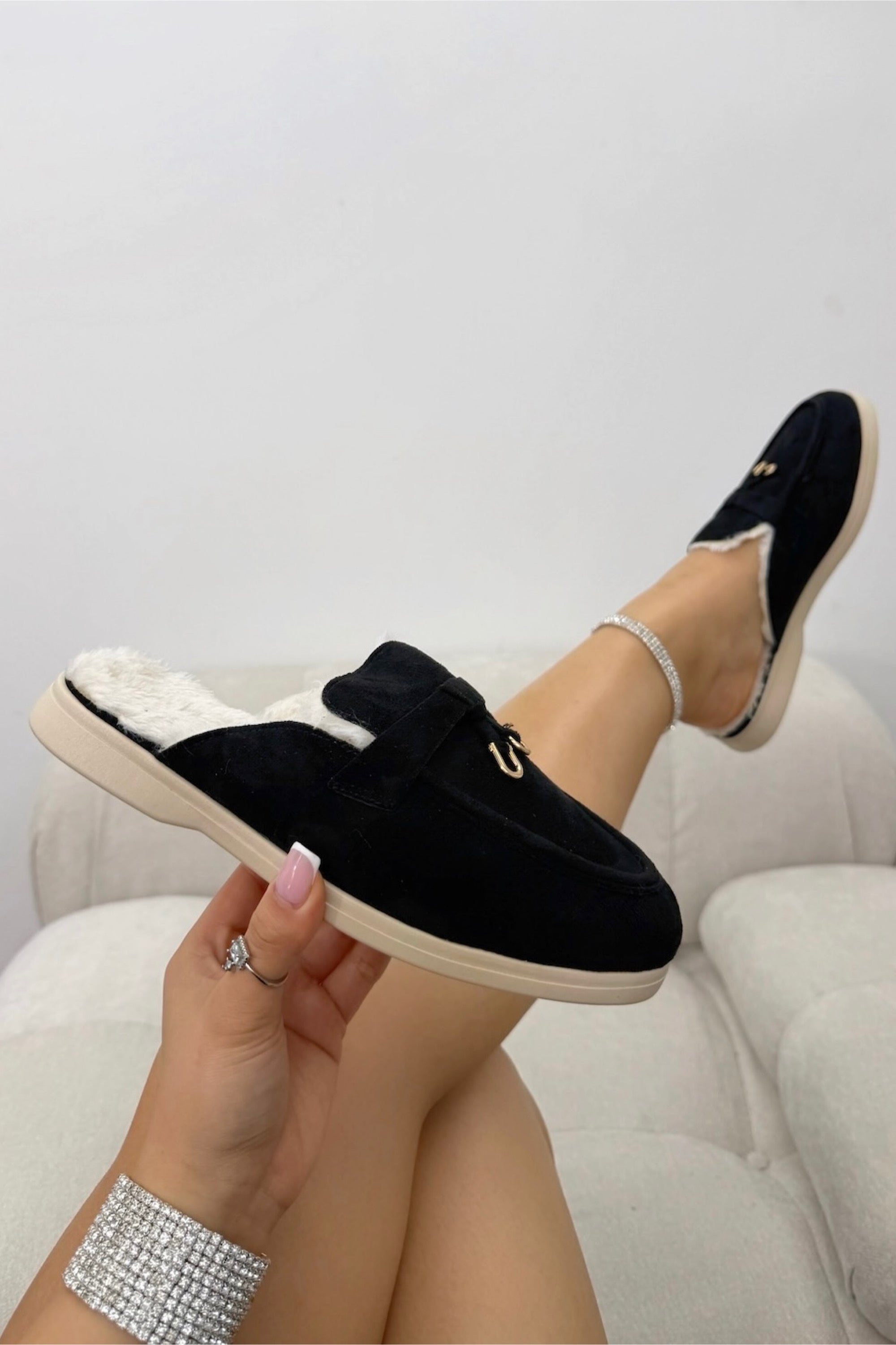 Velvet Crush Faux Fur Lined Slip-On Clog Mules Black with slip-on mule-inspired silhouette