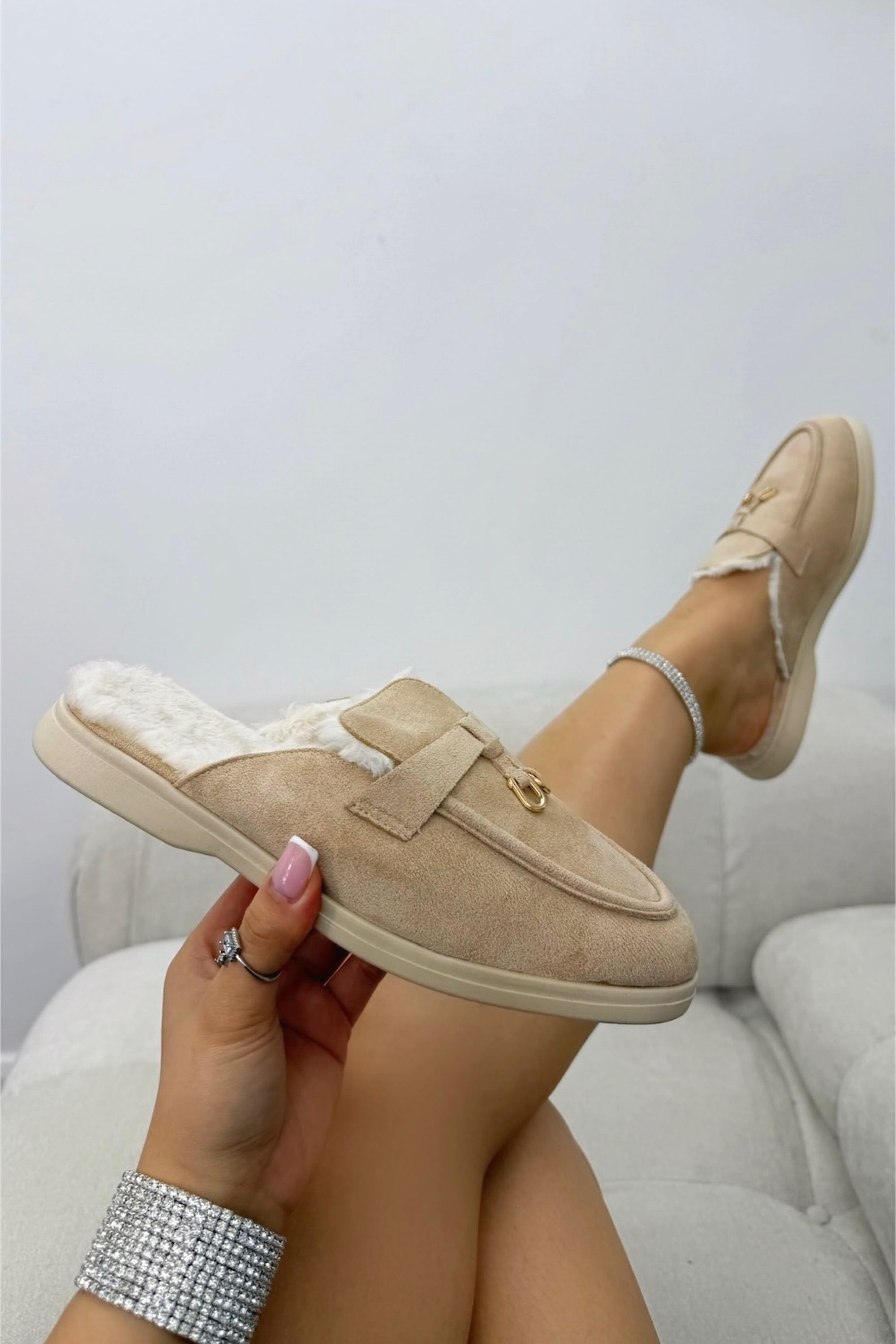 Velvet Crush Faux Fur Lined Slip-On Clog Mules Nude with slip-on mule-inspired silhouette