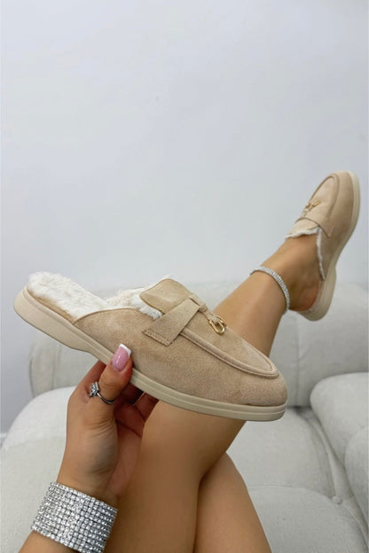 Velvet Crush Faux Fur Lined Slip-On Clog Mules Nude with slip-on mule-inspired silhouette