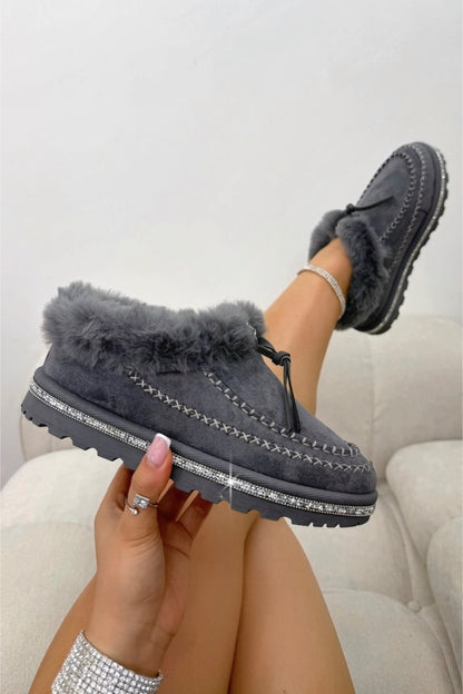 Crystal Faux Fur Lined Tazgirl Outdoor Slippers Grey featuring soft faux fur lining for ultimate warmth and comfort