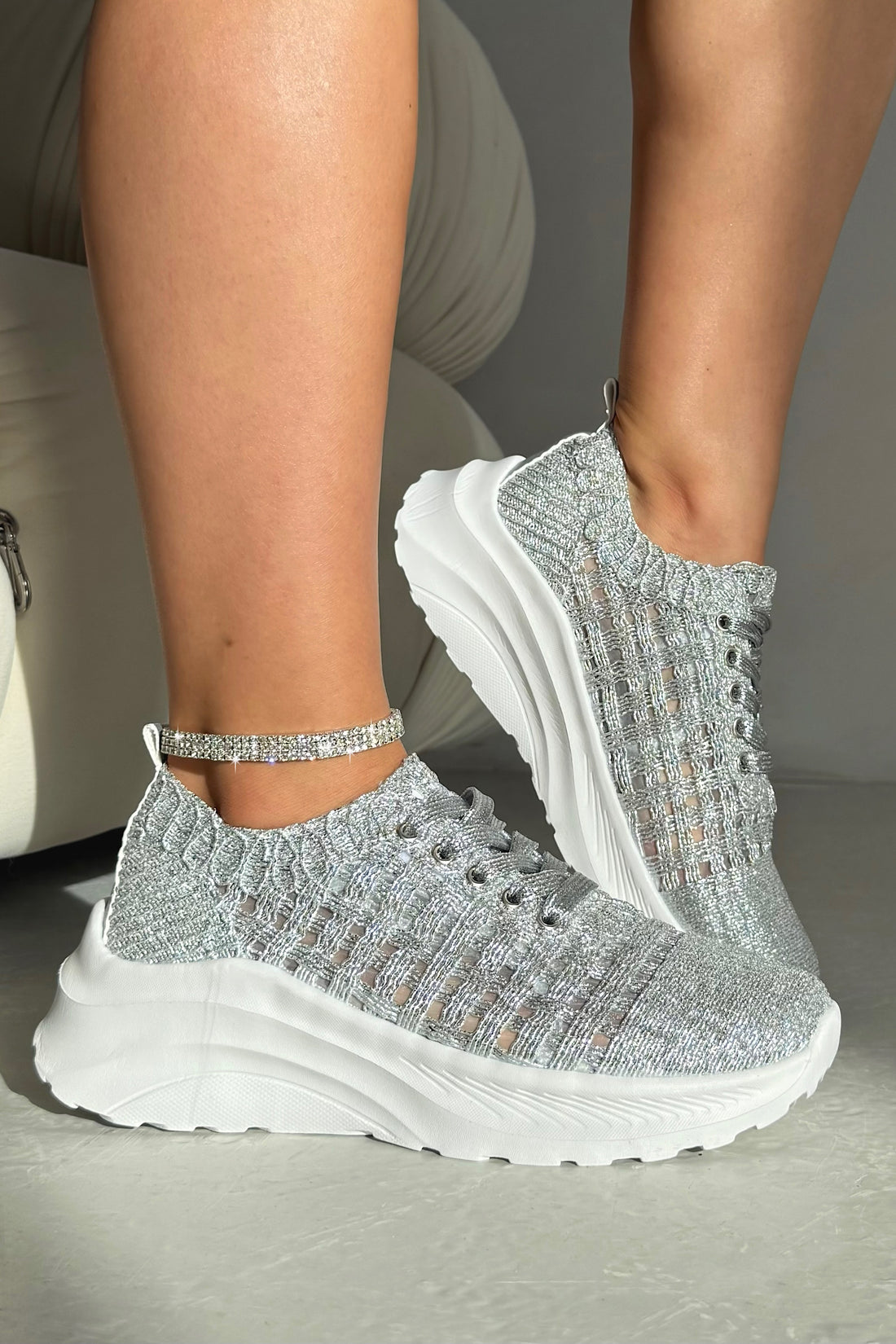 Flex Cloud Knit Mesh Lace-Up Chunky Trainers Silver designed with lace-up fastening