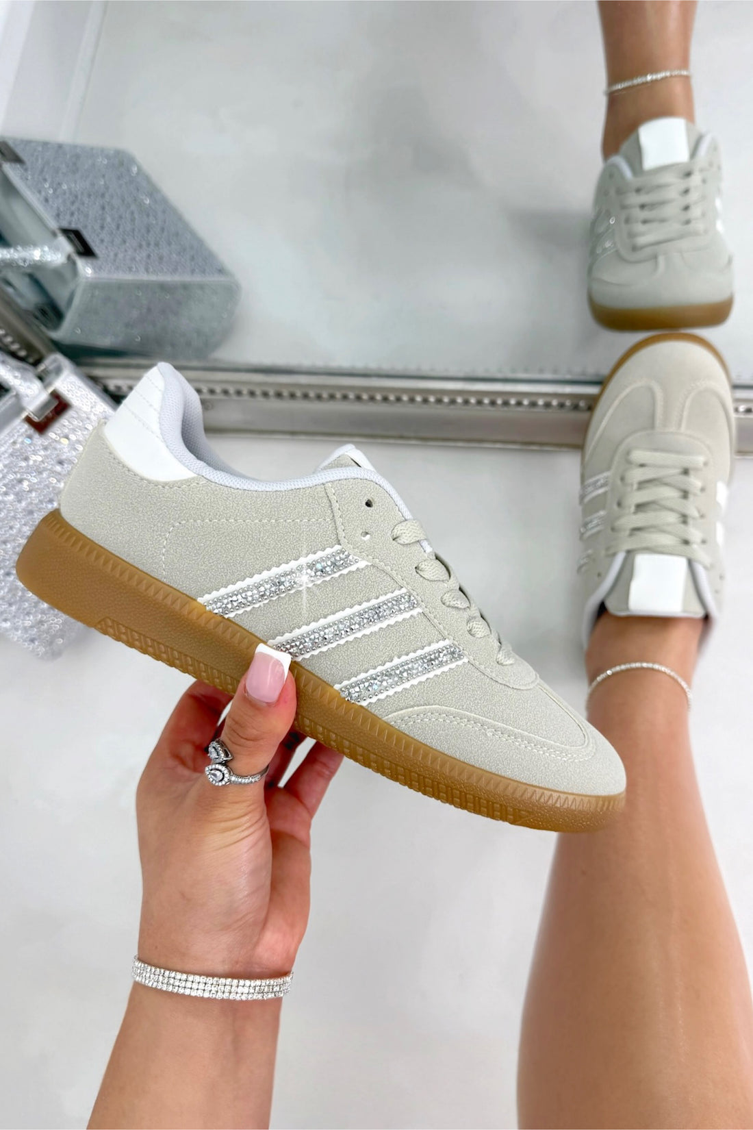 Crystal Stripe Simba Trainers Limited Edition Grey, showcasing crystal embellished stripe detailing for signature sparkle
