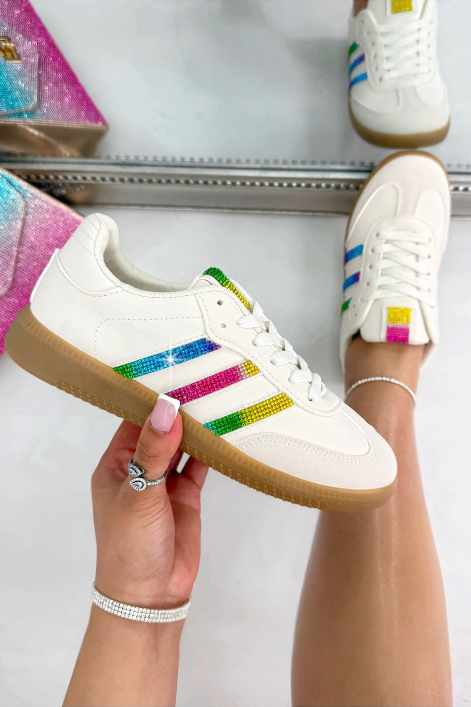Crystal Stripe Simba Trainers Limited Edition Rainbow, with emphasis on crystal embellished stripe detailing for signature sparkle