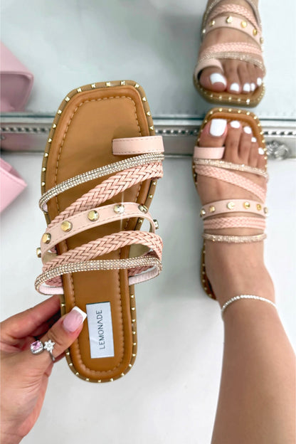 Sparkly Capri Weave Studded Toe Ring Sliders Pink with multi-strap woven design for a stylish, layered look