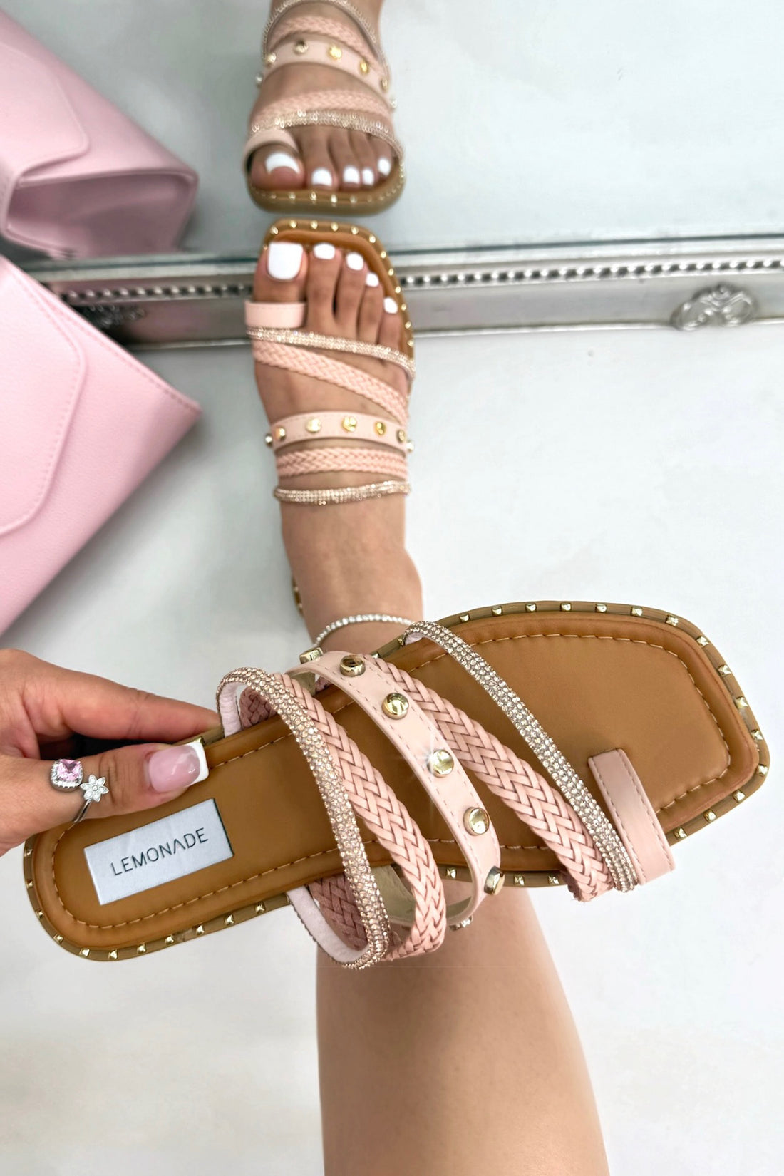 Sparkly Capri Weave Studded Toe Ring Sliders Pink, showcasing crystal embellished trims for signature sparkle