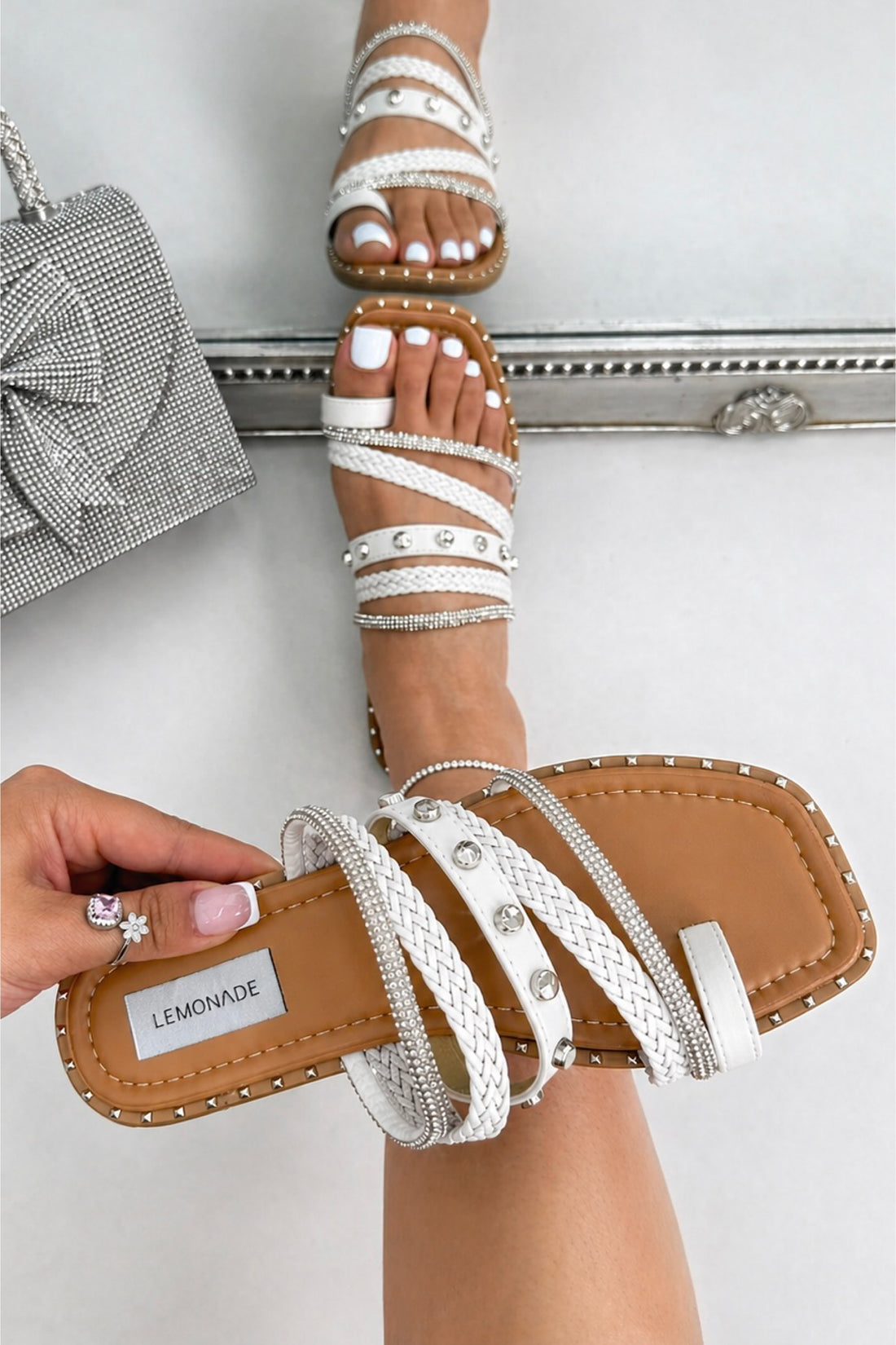 Sparkly Capri Weave Studded Toe Ring Sliders White, showcasing crystal embellished trims for signature sparkle