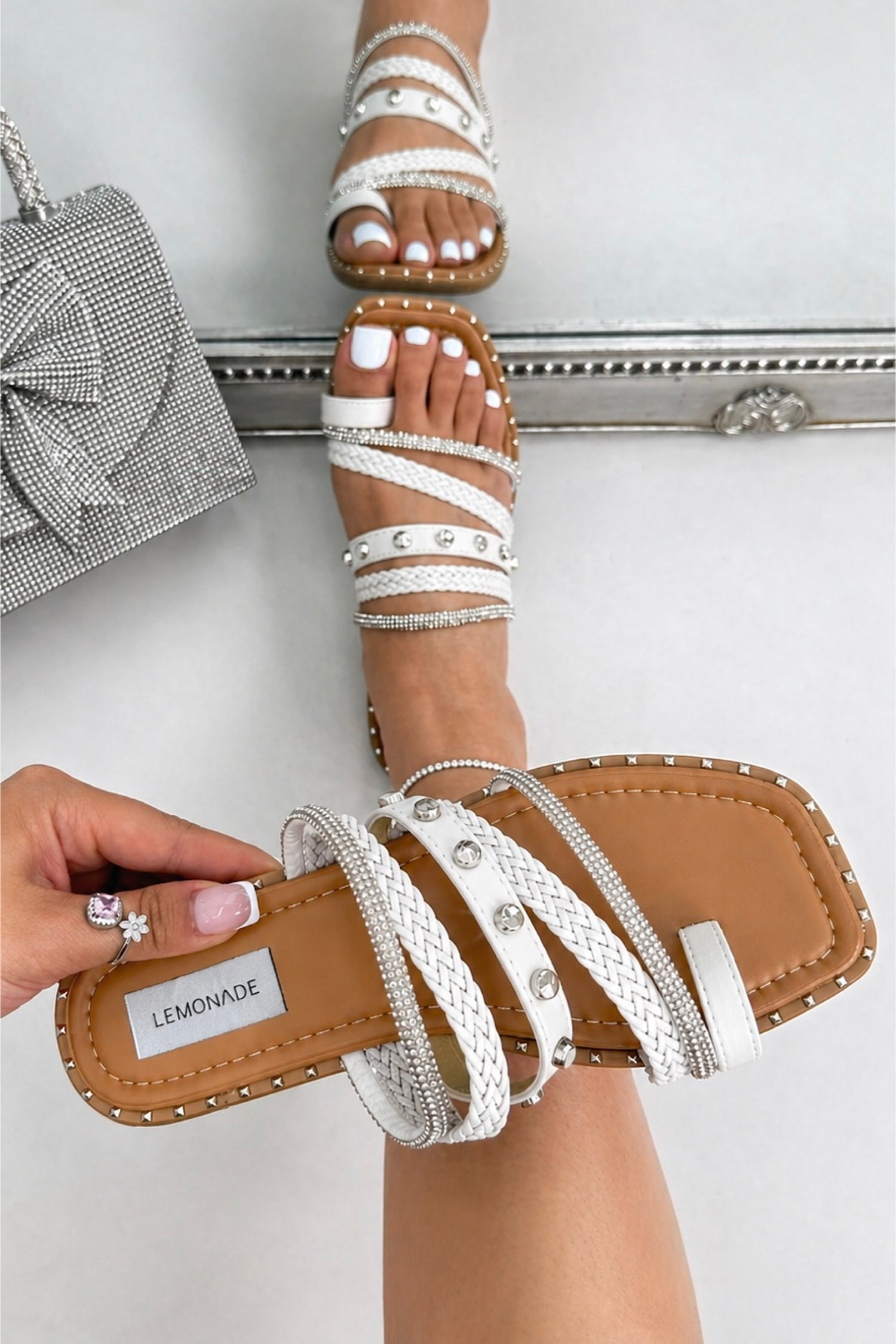 Sparkly Capri Weave Studded Toe Ring Sliders White, showcasing crystal embellished trims for signature sparkle