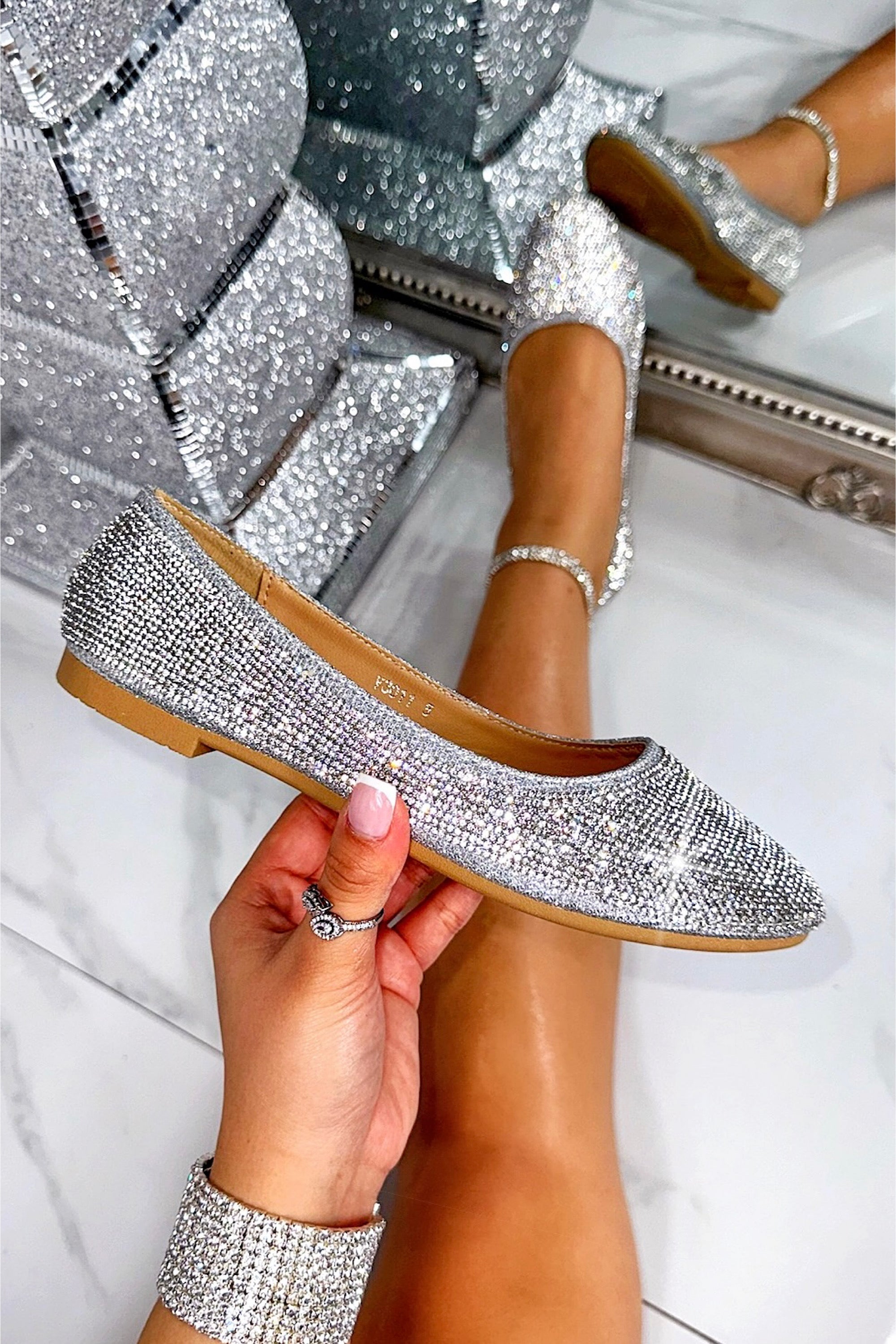 Crystal Stardust Flat Dolly Shoes Silver