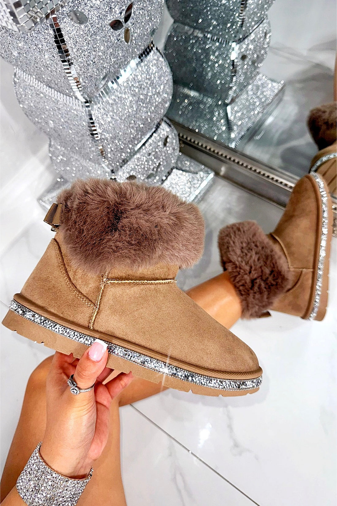 Crystal Faux Suede Snuggle Cloud Cuff Faux Fur Boots Brown, highlighting ankle-boot length