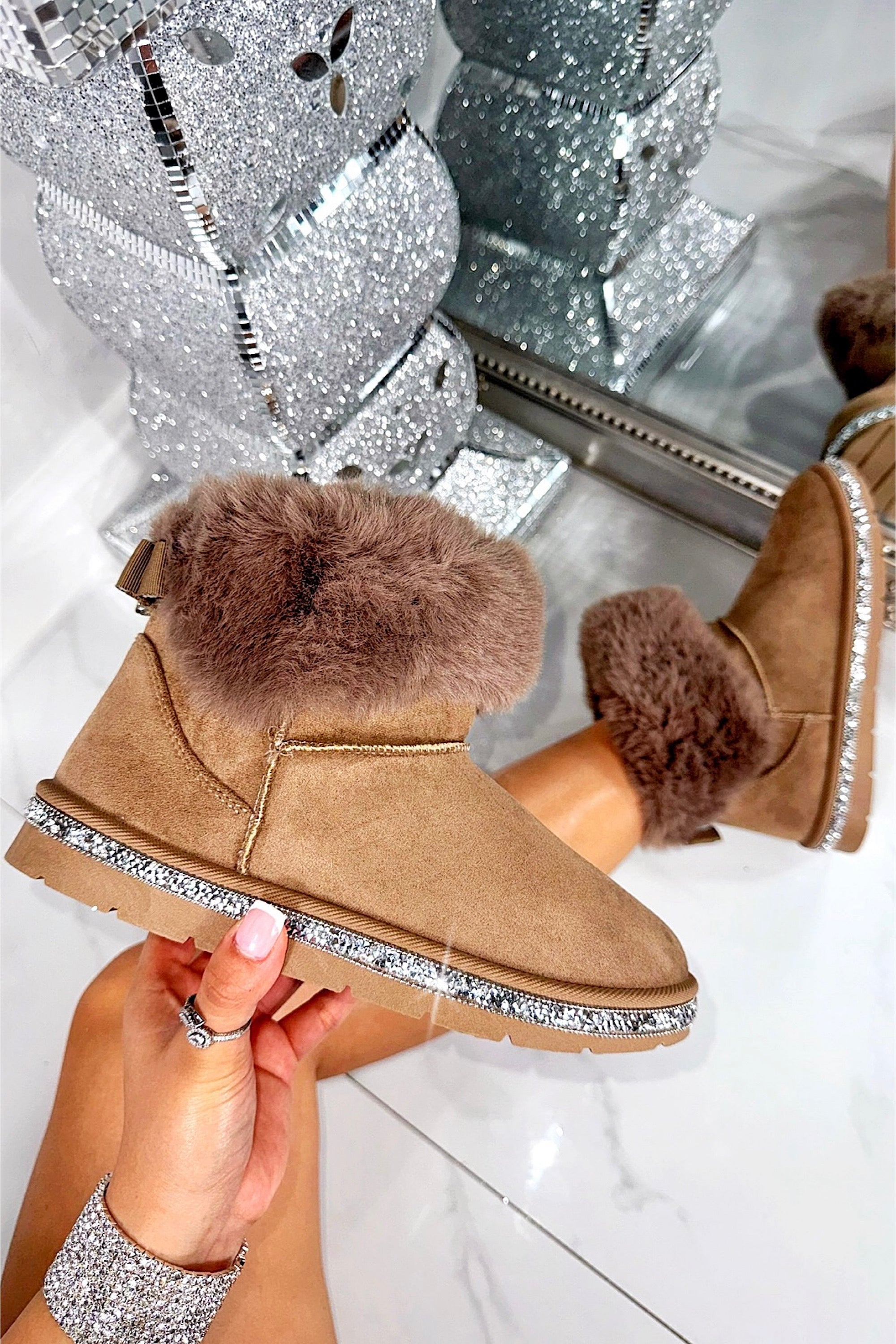 Crystal Faux Suede Snuggle Cloud Cuff Faux Fur Boots Brown, highlighting ankle-boot length