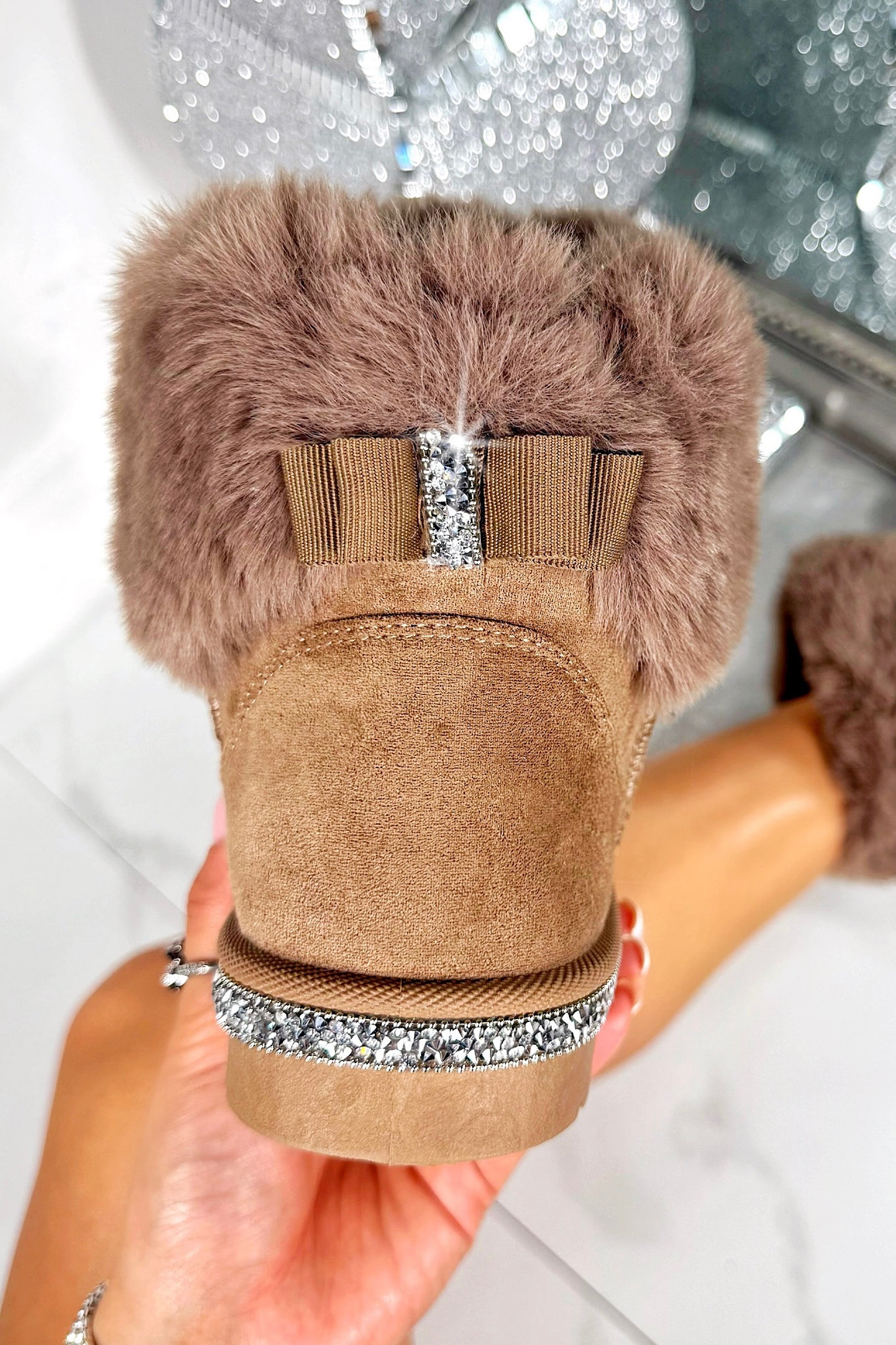 Crystal Faux Suede Snuggle Cloud Cuff Faux Fur Boots Brown with plush faux-shearing lining