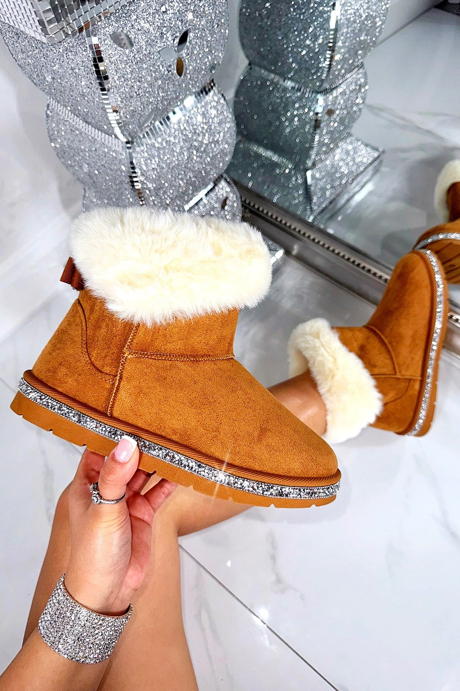Crystal Faux Suede Snuggle Cloud Cuff Faux Fur Boots Camel