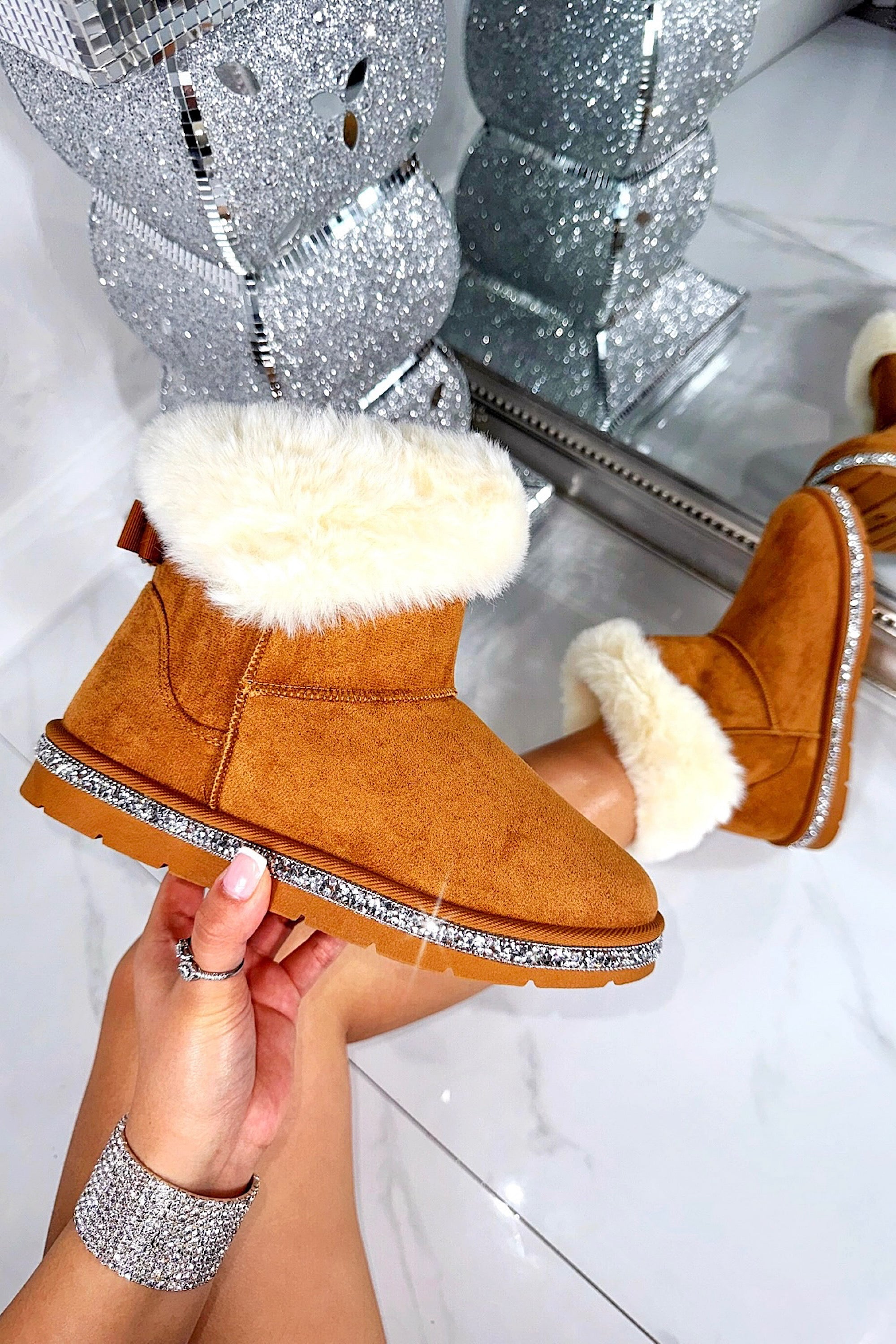 Crystal Faux Suede Snuggle Cloud Cuff Faux Fur Boots Camel