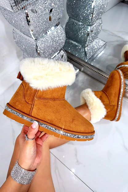 Crystal Faux Suede Snuggle Cloud Cuff Faux Fur Boots Camel