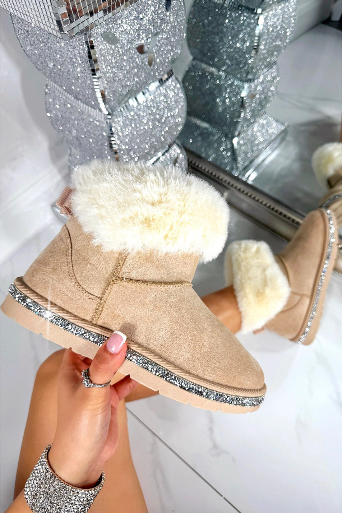Crystal Faux Suede Snuggle Cloud Cuff Faux Fur Boots Nude, highlighting ankle-boot length
