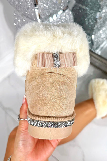 Crystal Faux Suede Snuggle Cloud Cuff Faux Fur Boots Nude featuring plush faux-shearing lining