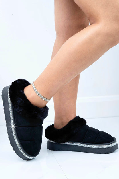 Crystal Trim Soft Touch Slippers Black
