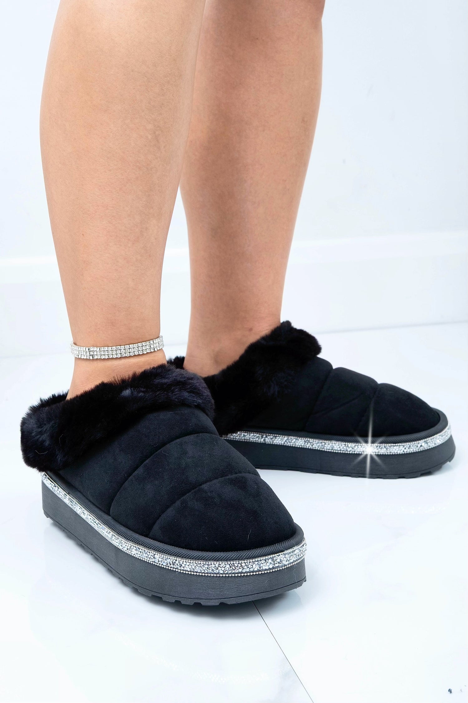 Crystal Trim Soft Touch Slippers Black