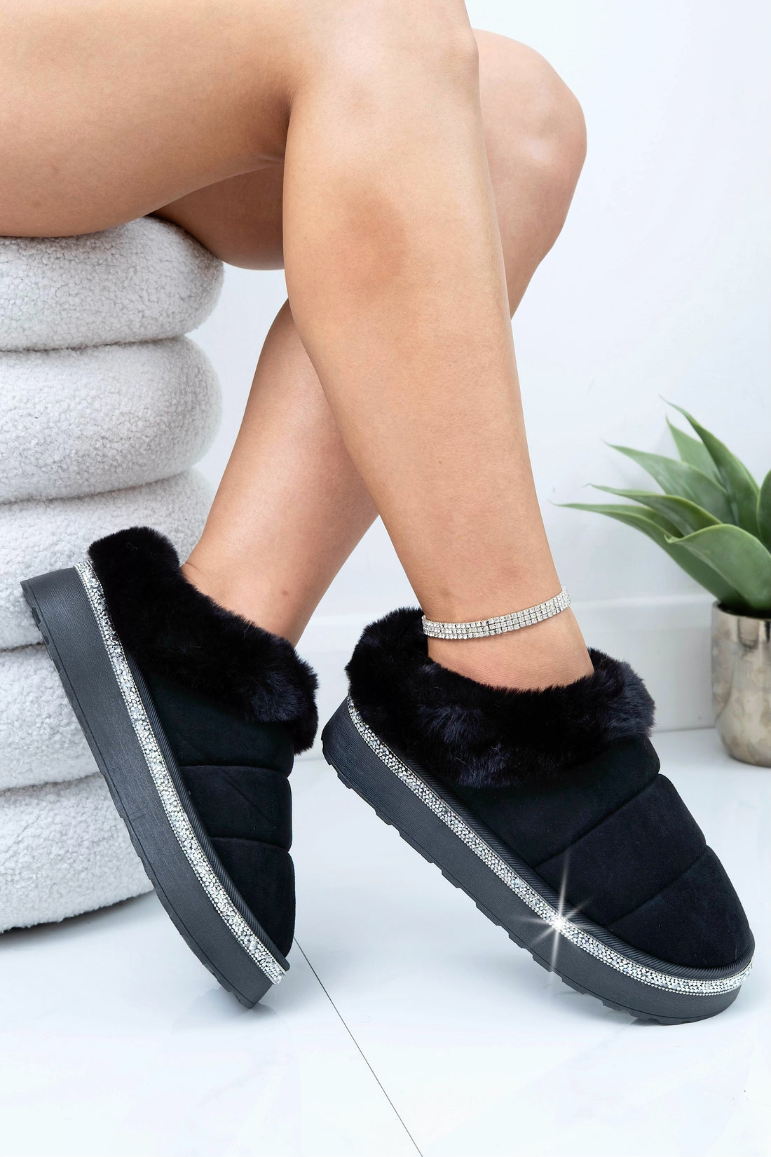 Crystal Trim Soft Touch Slippers Black