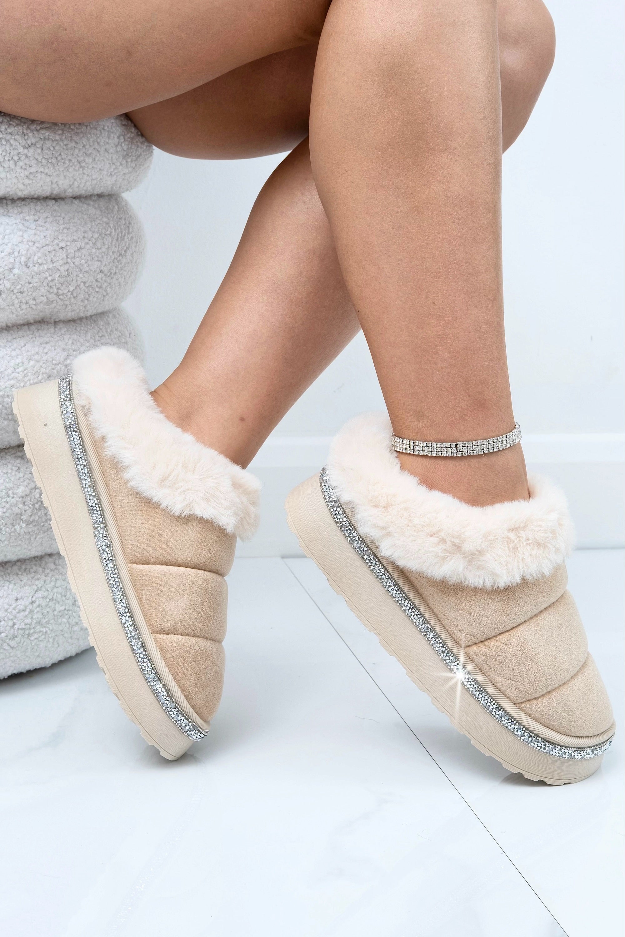 Crystal Trim Soft Touch Slippers Nude