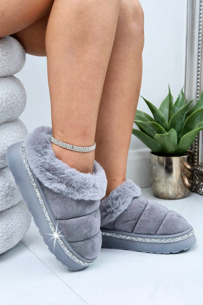 Crystal Trim Soft Touch Slippers Grey
