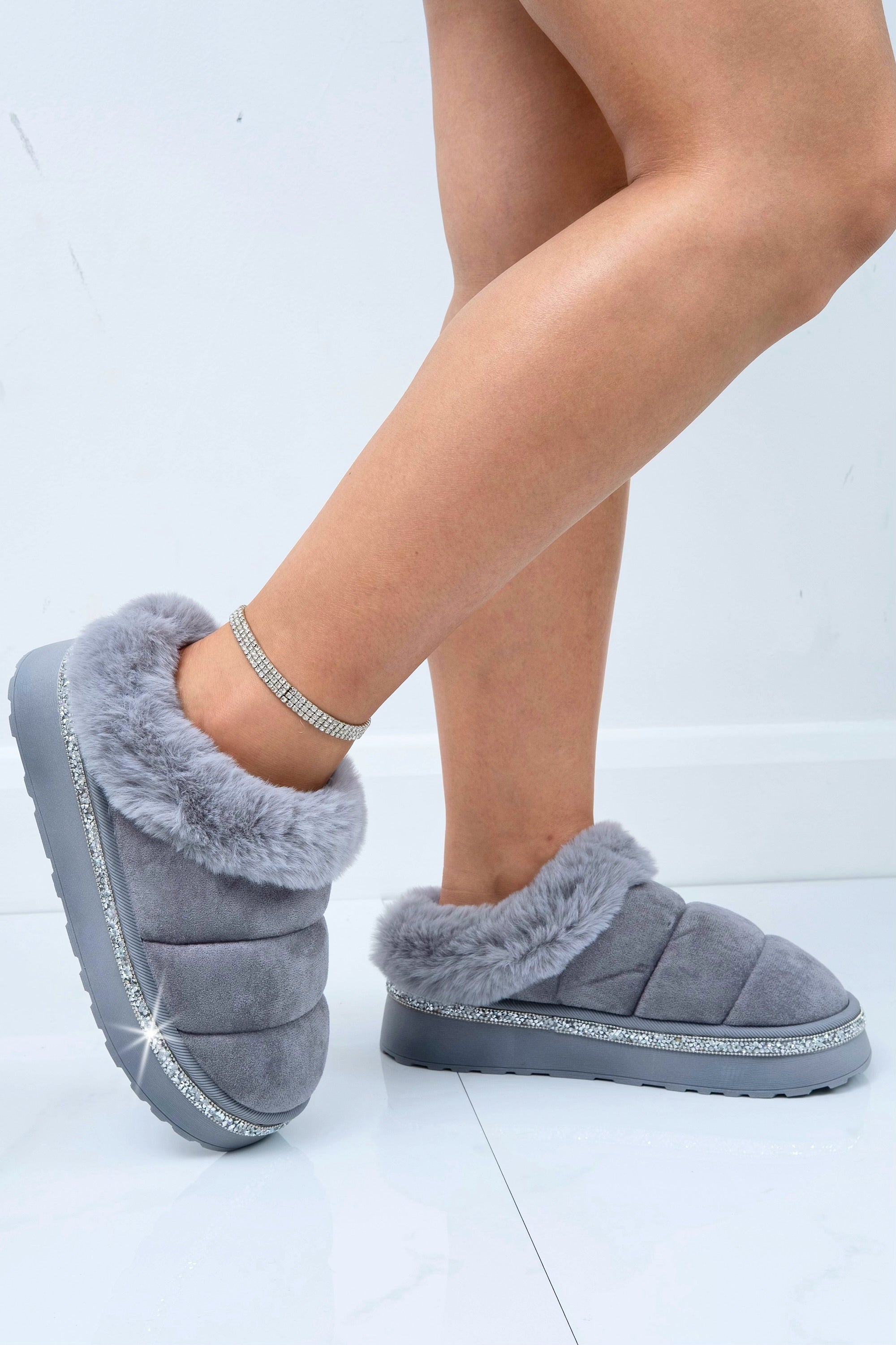 Crystal Trim Soft Touch Slippers Grey