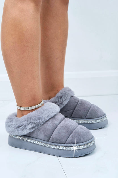Crystal Trim Soft Touch Slippers Grey