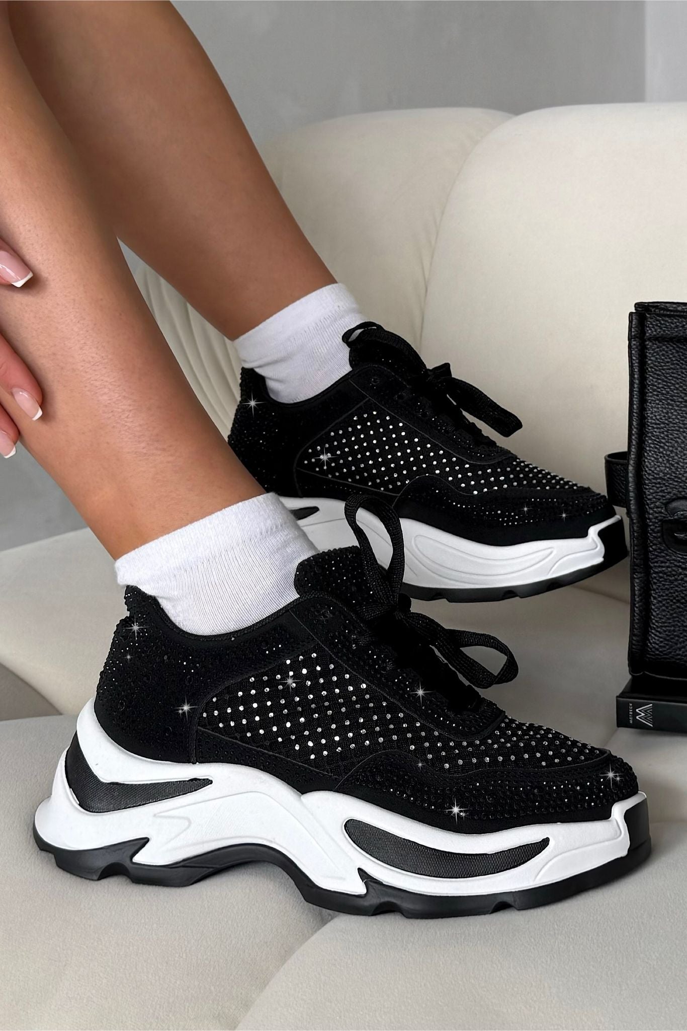 Crystal Luxe Motion Chunky Trainers Black, highlighting all-over diamante sparkle detailing