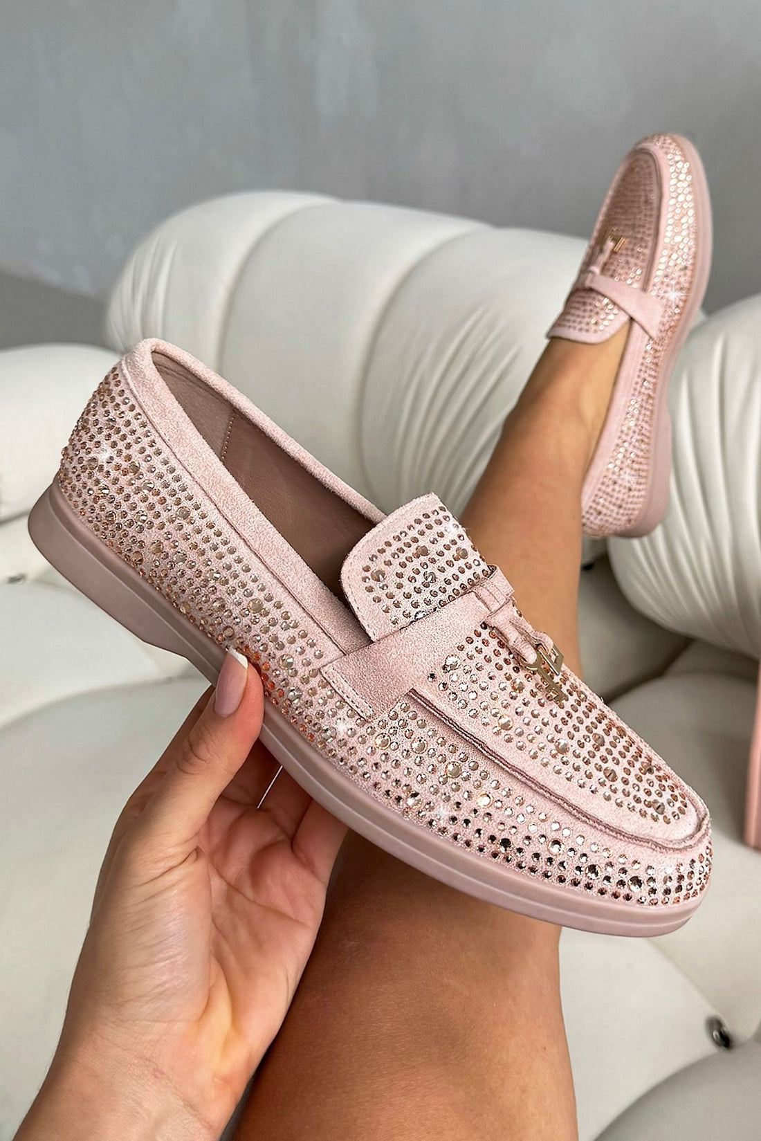 Crystal Luna Slip-On Flat Loafers Pink finished with elegant slip-on loafers with crystal embellishment