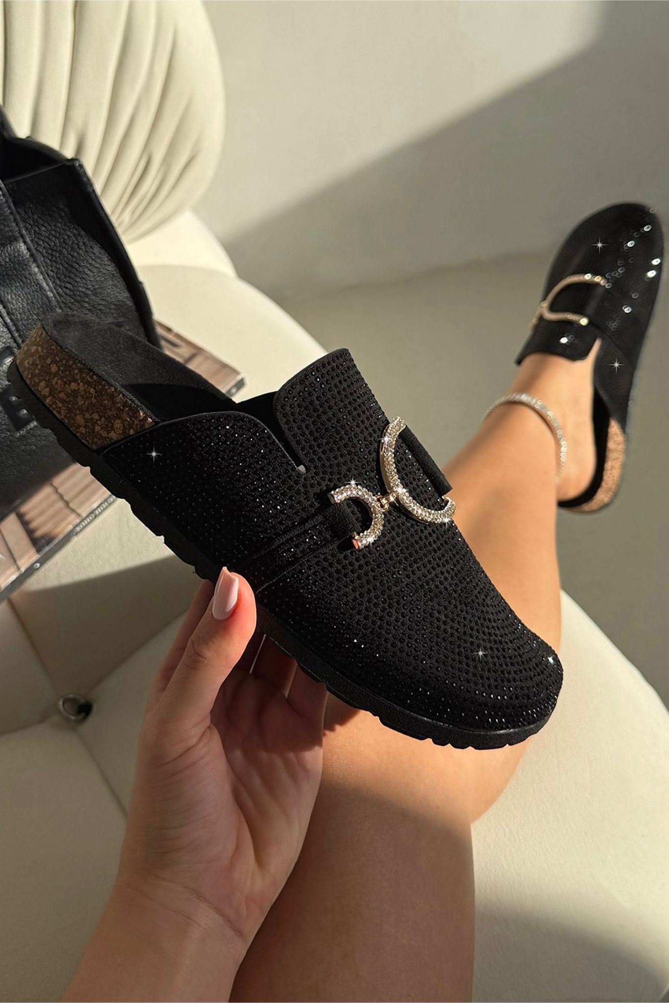Crystal Imperial Suede Slip On Clog Mules Black designed with crystal embellished buckle detail