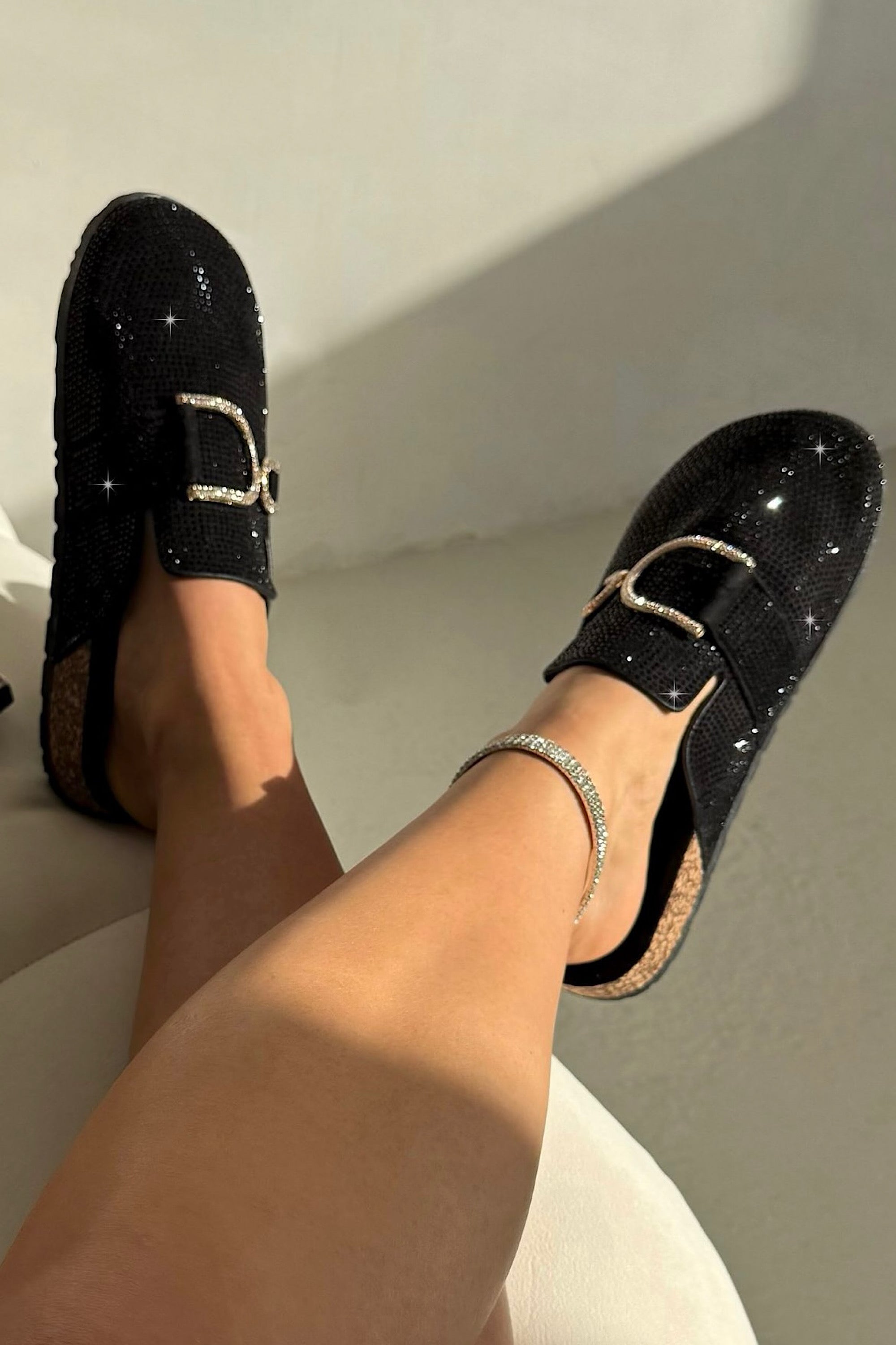 Crystal Imperial Suede Slip On Clog Mules Black, with emphasis on soft faux suede upper with sparkling crystal finish