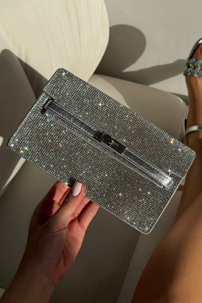 Crystal Rhinestone Chain Strap Evening Clutch Bag Silver featuring sparkling rhinestone detailing and a glamorous evening-ready finish.