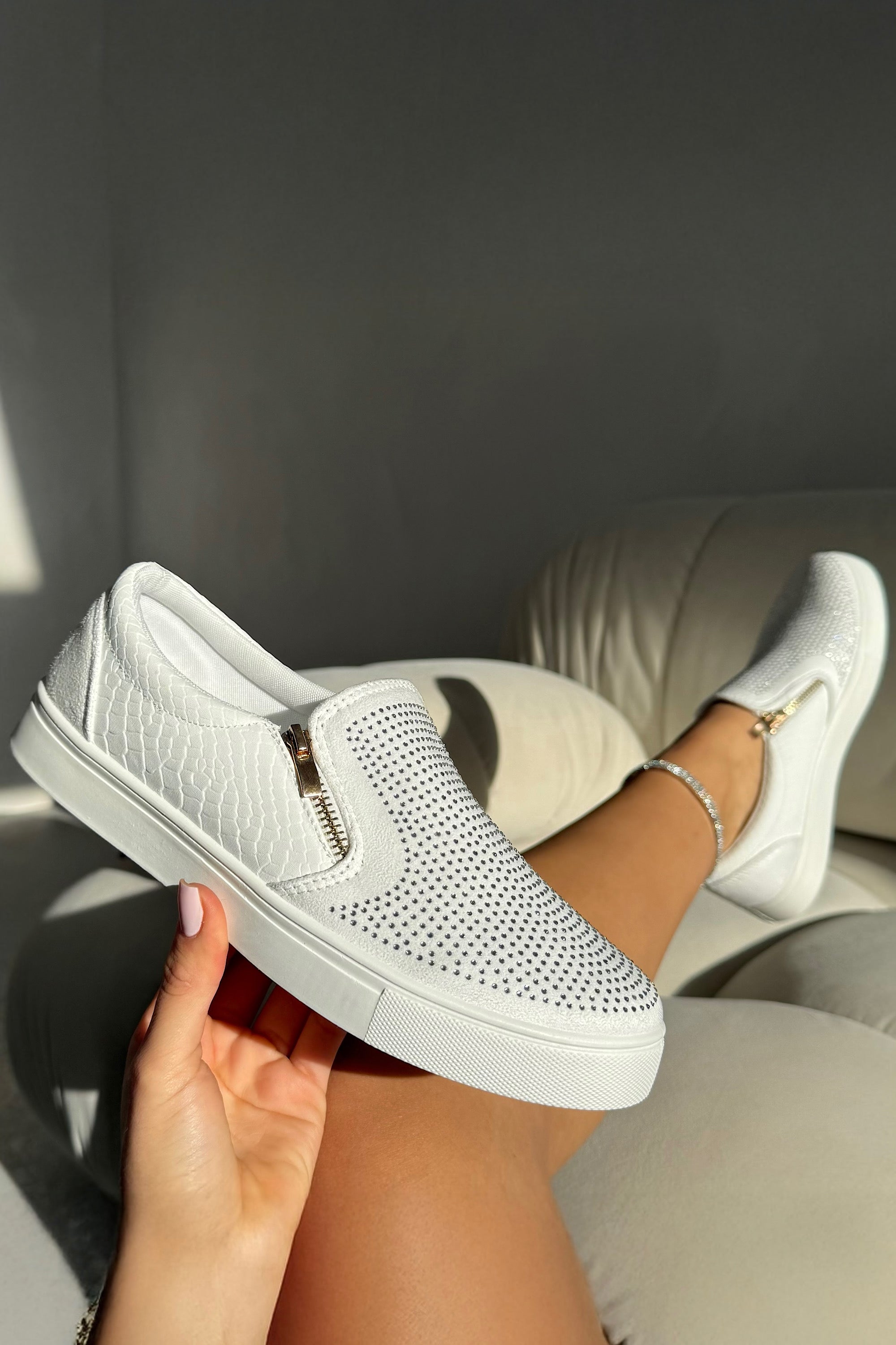 Crystal Suede Zip Pumps White Trainers featuring crystal-embellished
