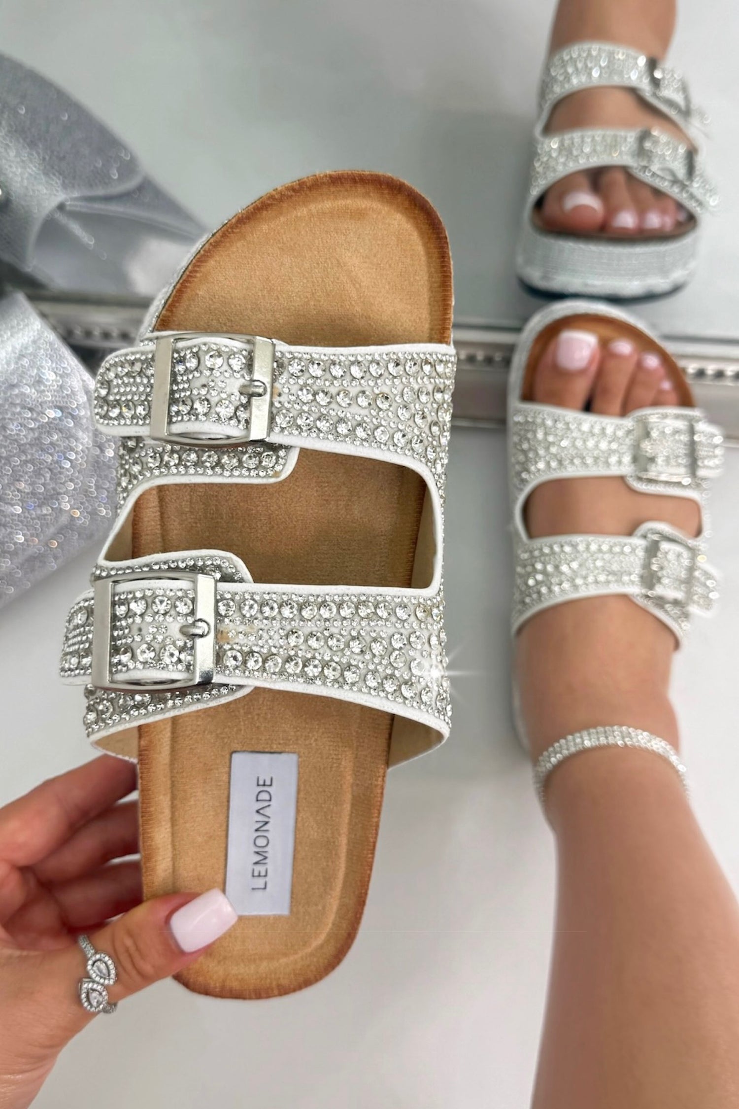 Crystal Riviera Double Buckle Sliders Silver