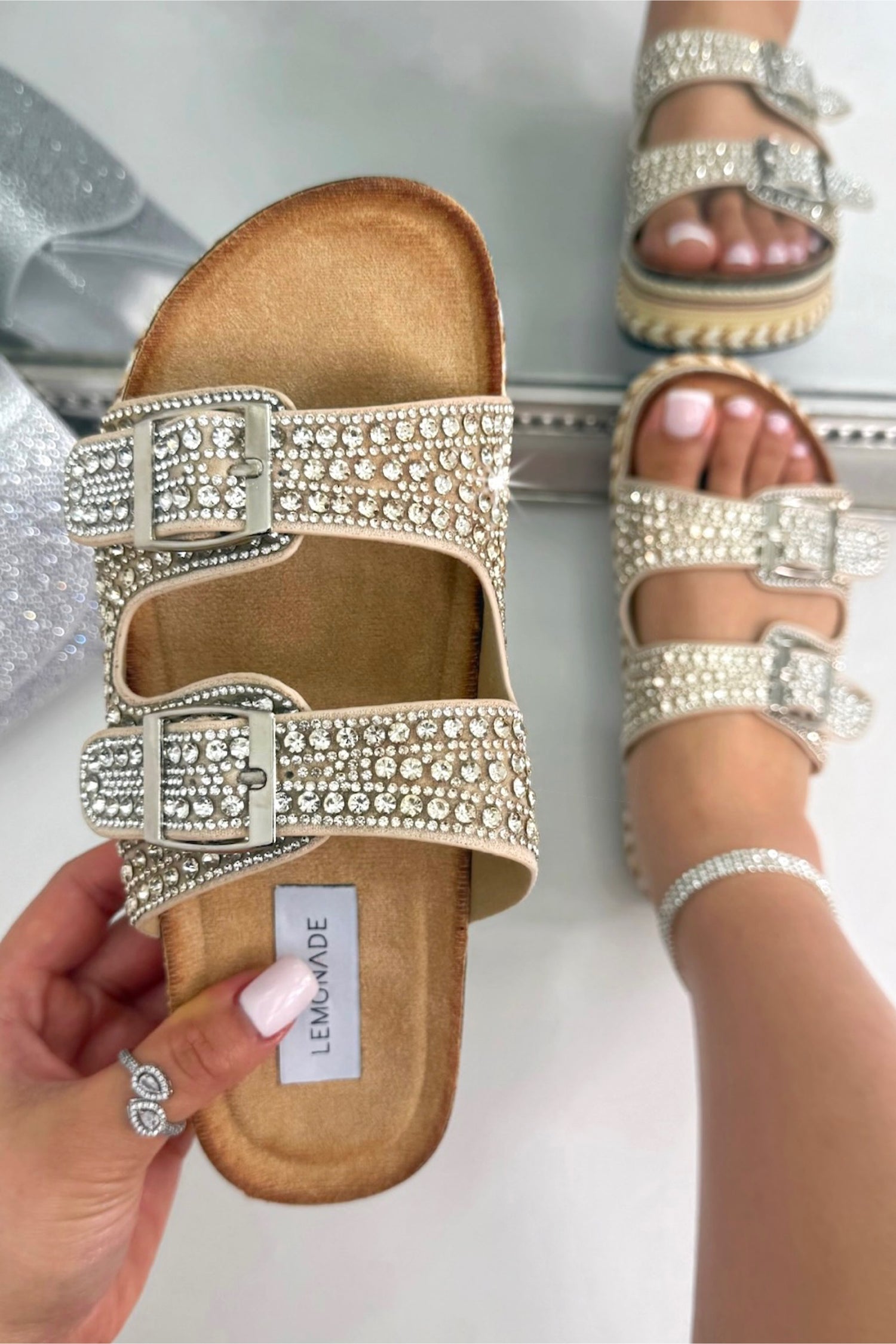 Crystal Riviera Double Buckle Sliders Gold