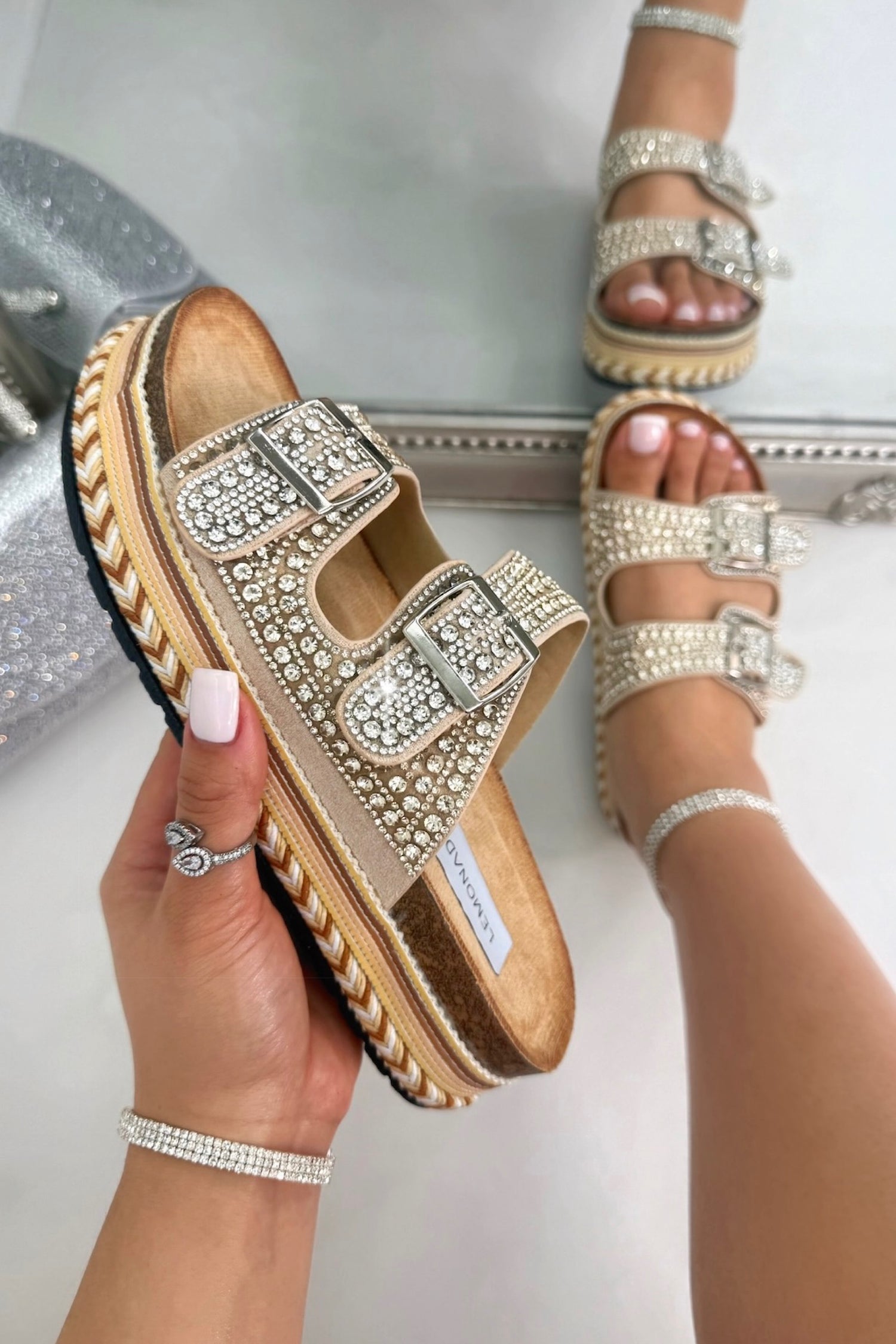 Crystal Riviera Double Buckle Sliders Gold