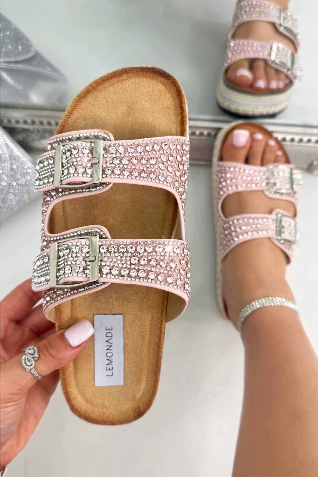 Crystal Riviera Double Buckle Sliders Pink