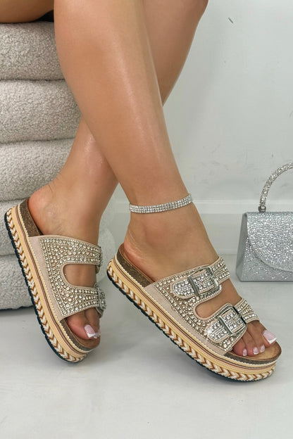 Crystal Riviera Double Buckle Sliders Gold