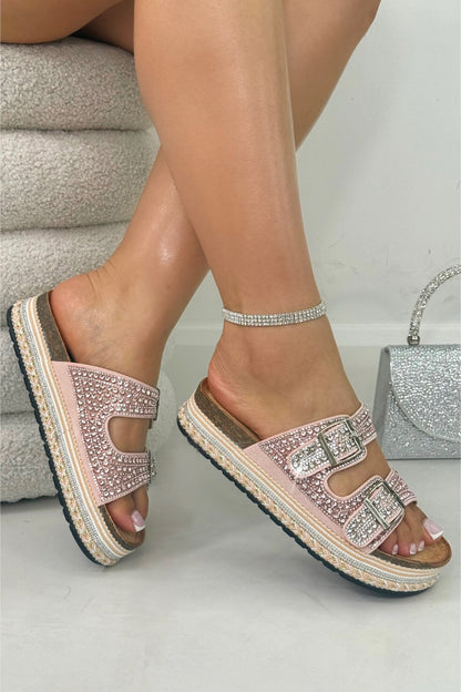 Crystal Riviera Double Buckle Sliders Pink