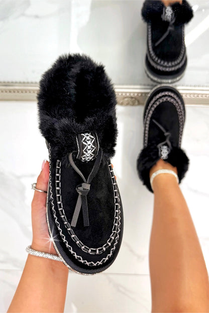 Crystal Faux Fur Lined Tazgirl Outdoor Slippers Black