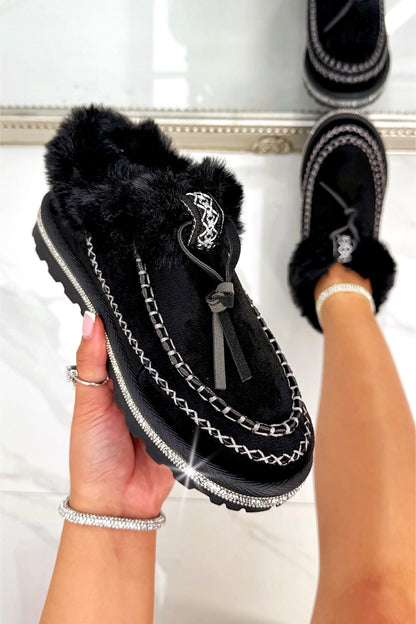 Crystal Faux Fur Lined Tazgirl Outdoor Slippers Black