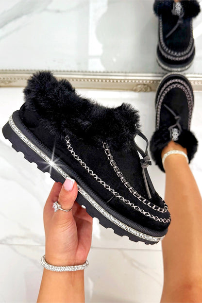 Crystal Faux Fur Lined Tazgirl Outdoor Slippers Black
