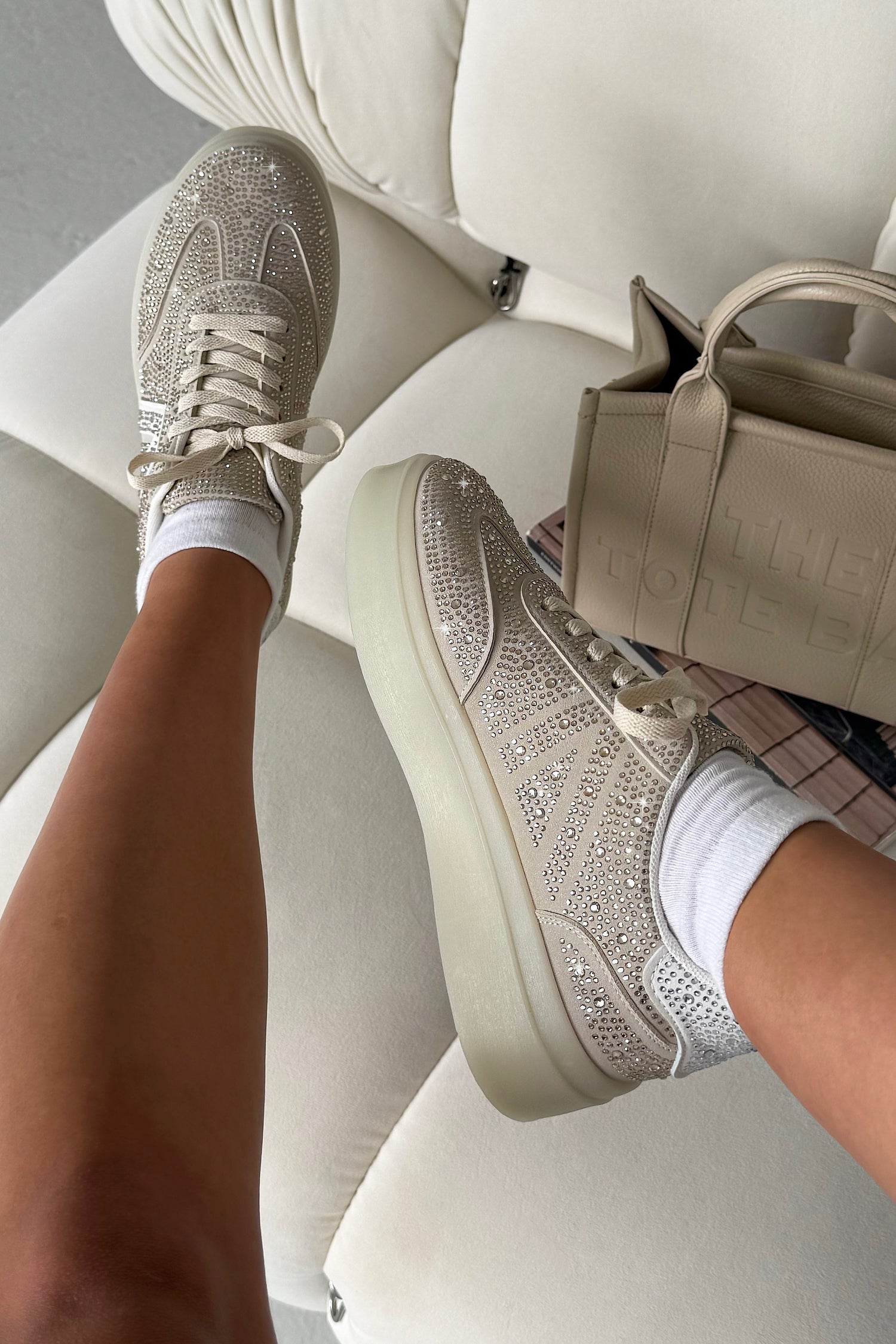 Crystal Icon Trainers Limited Edition Nude, bringing attention to diamante embellished upper panels