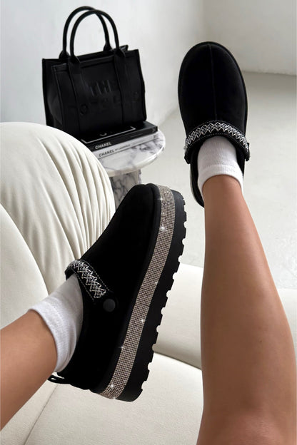 Crystal Diamond Edge Faux Suede Platform Mule Clog Slippers Black, bringing attention to soft suede-look upper