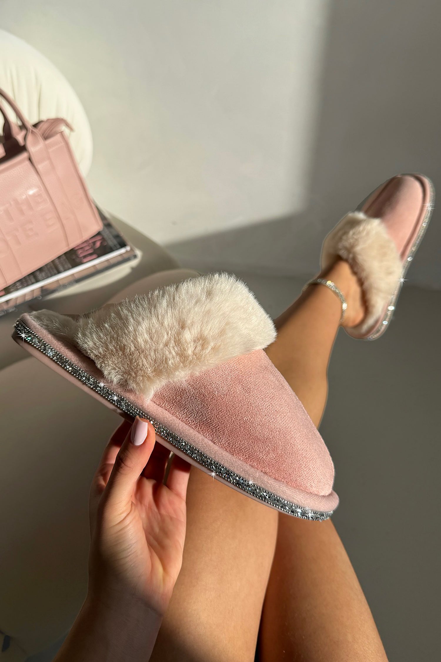 Crystal Trim Cosy Slippers Pink finished with true to size