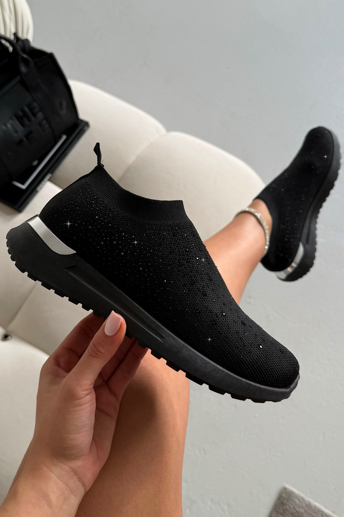Sparkly Elevate Sculpt Sole Stretch Slip On Trainers Black featuring stretch knit upper for a flexible, adaptive fit