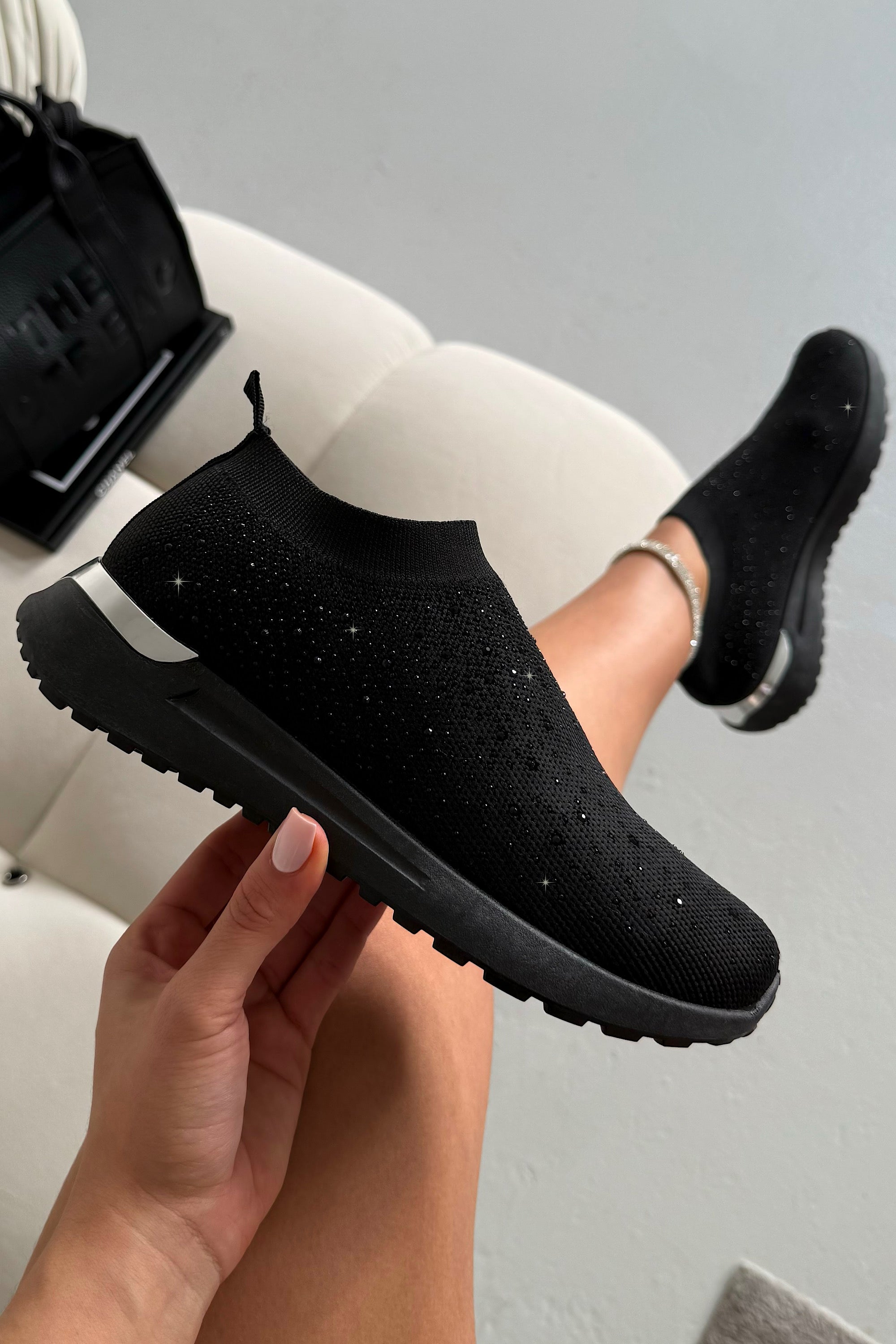 Sparkly Elevate Sculpt Sole Stretch Slip On Trainers Black featuring stretch knit upper for a flexible, adaptive fit